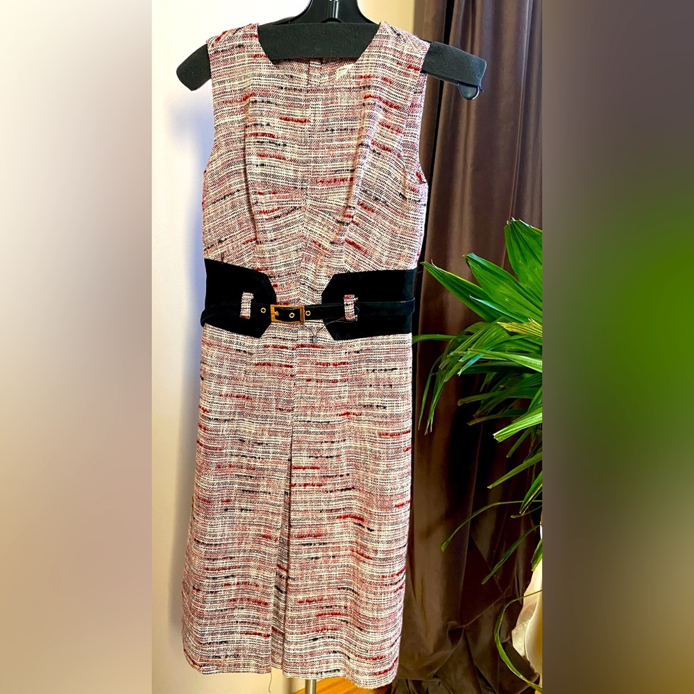 Milly Womens Suede Trim Belted Tweed Sheath Dress Red Black